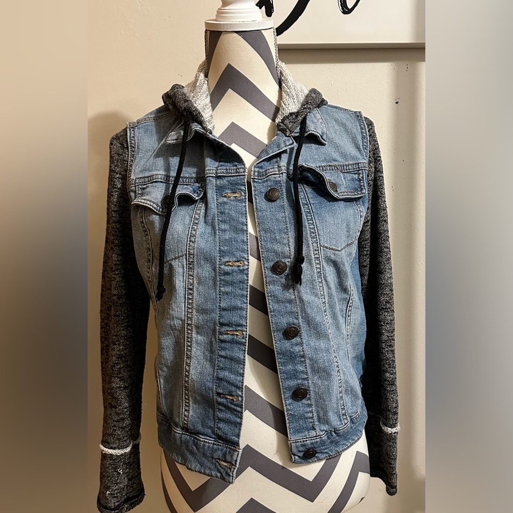 Denim Hooded Jacket with Knit Sleeves - Light Blue and Charcoal
